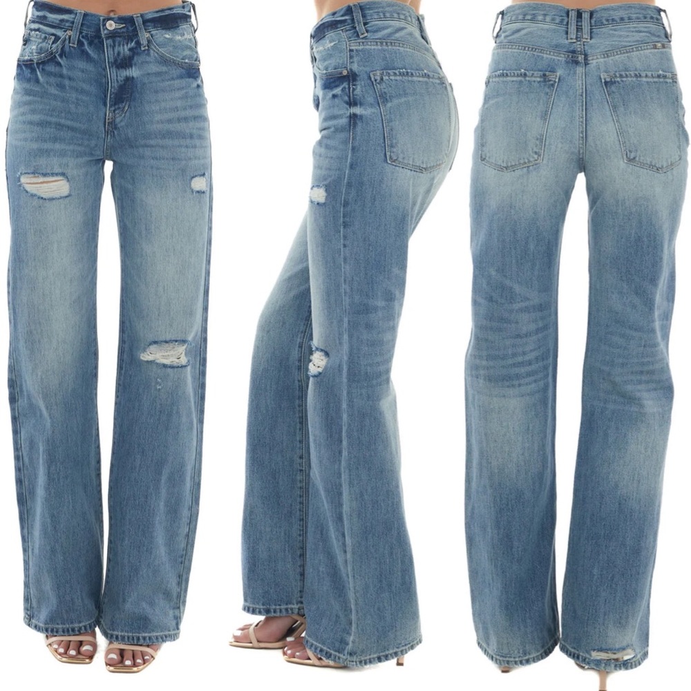 NEW KanCan Ultra High Rise 90’s Flare Jeans Distressed Button Fly